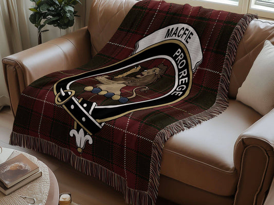Macfie Clan Crest Tartan Scottish Heritage Woven Blanket - Celtic Ancestry Gifts