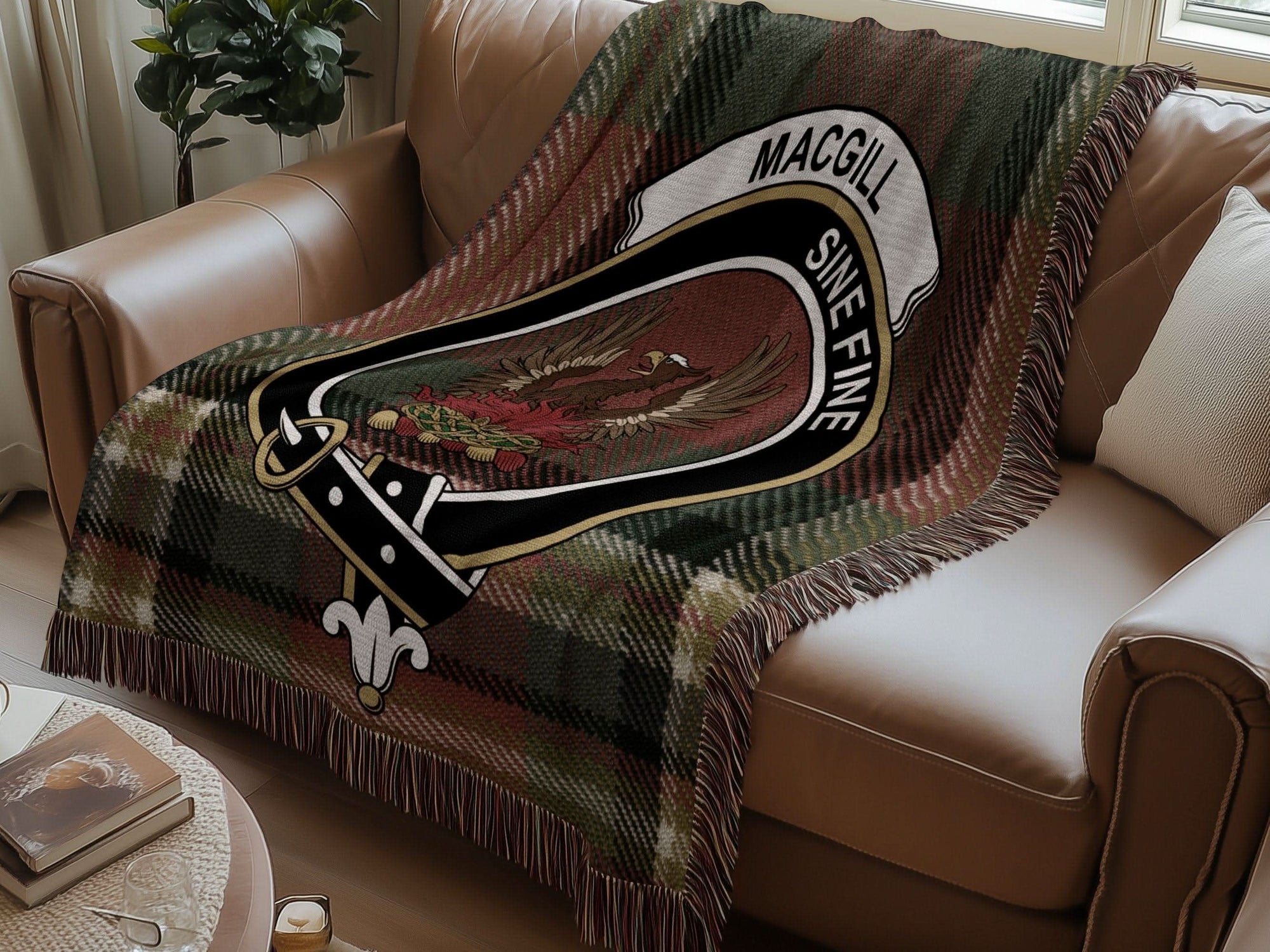 MacGill Clan Crest Tartan Scottish Family Woven Blanket - Celtic Ancestry Gifts