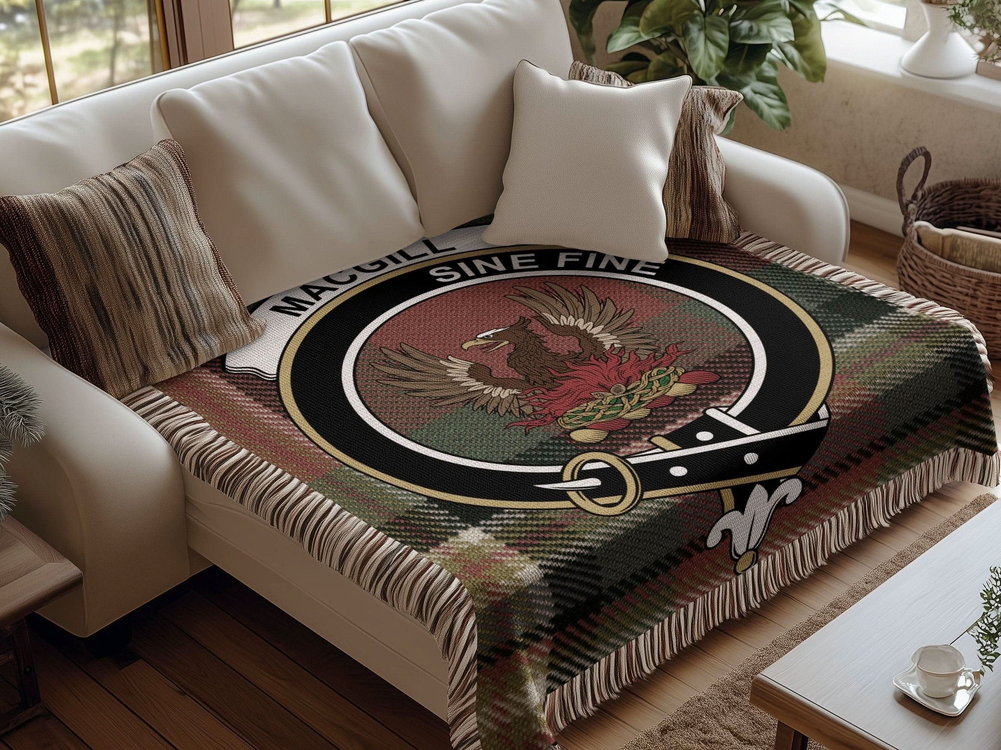 MacGill Clan Crest Tartan Scottish Family Woven Blanket - Celtic Ancestry Gifts