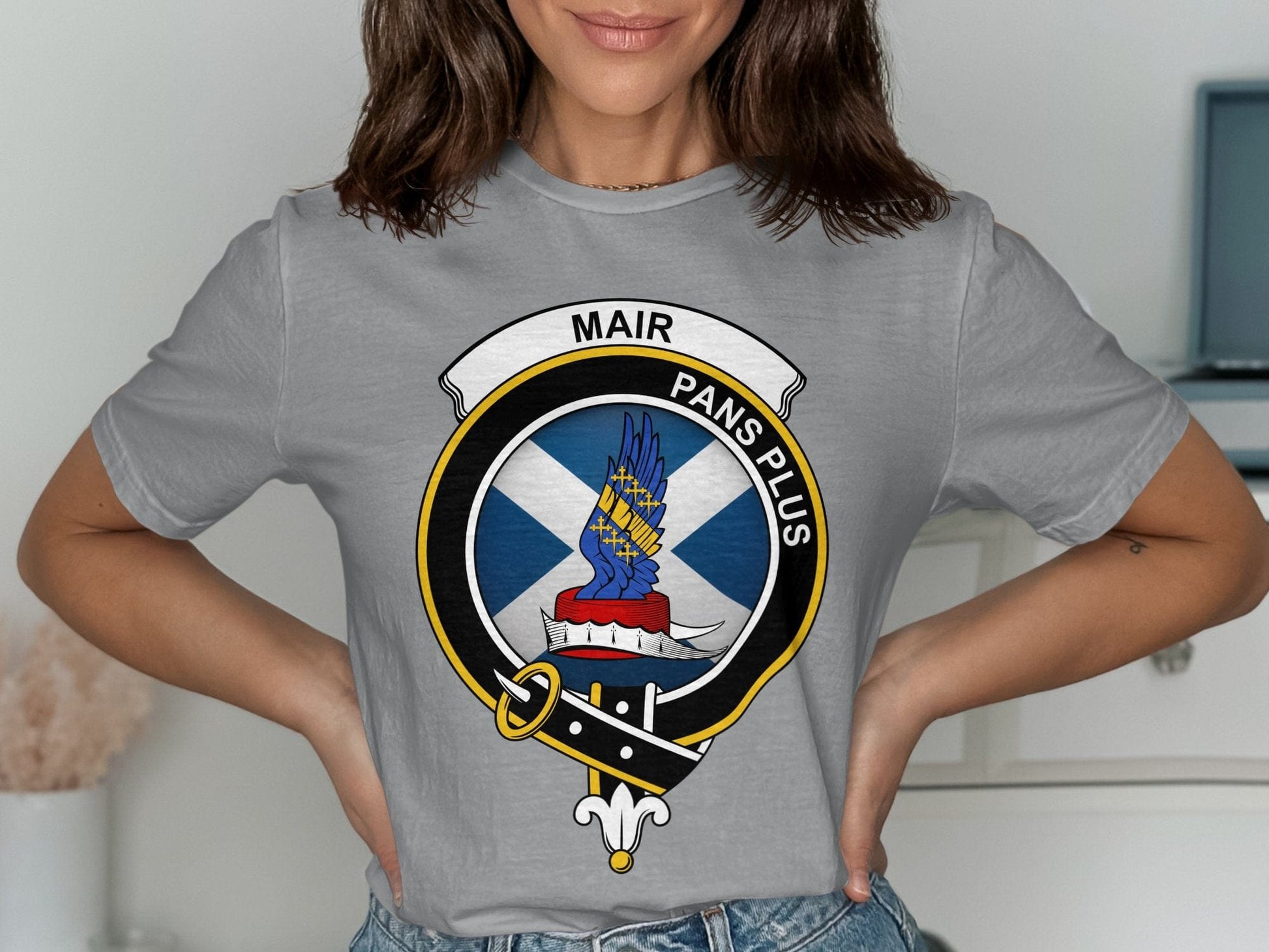 Physical Item Mair Clan Crest on St Andrews Flag Background T-Shirt