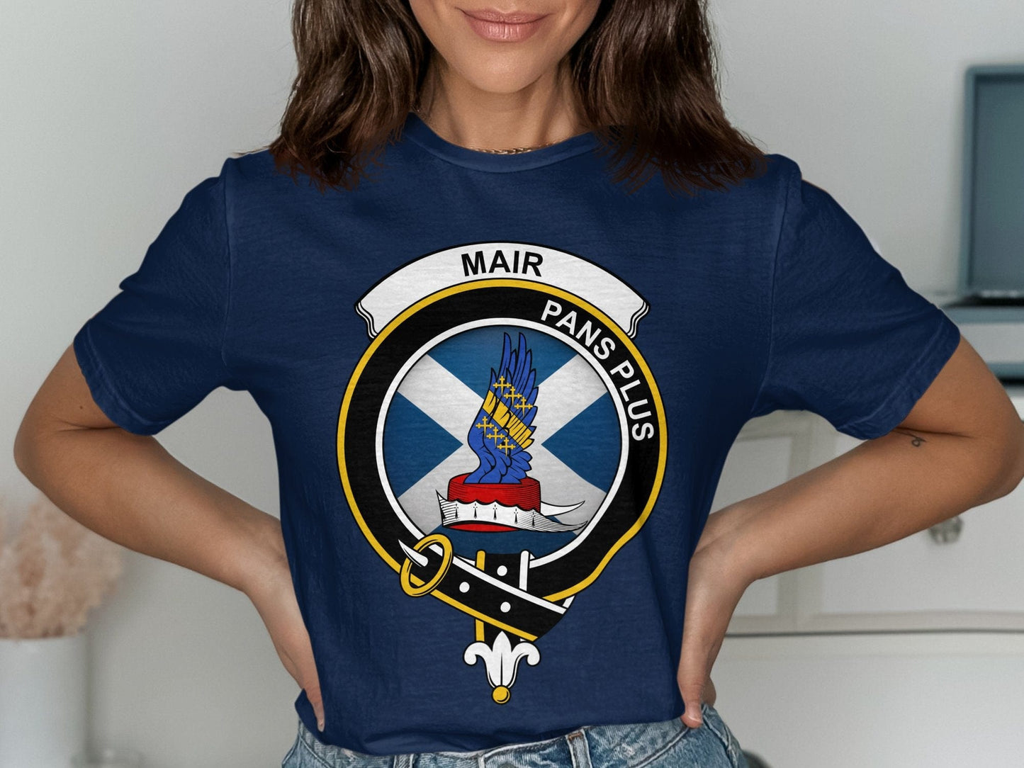 Physical Item Mair Clan Crest on St Andrews Flag Background T-Shirt