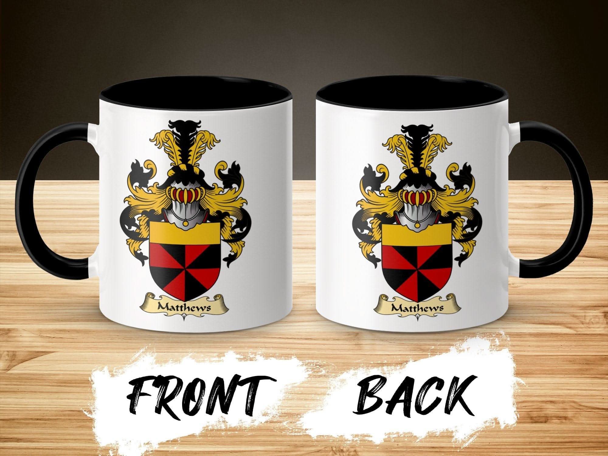Matthews Family Crest Coat of Arms Design Mug - Celtic Ancestry Gifts