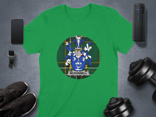 Physical Item McDonnell Irish Surname Coat of Arms Tartan Background T-Shirt