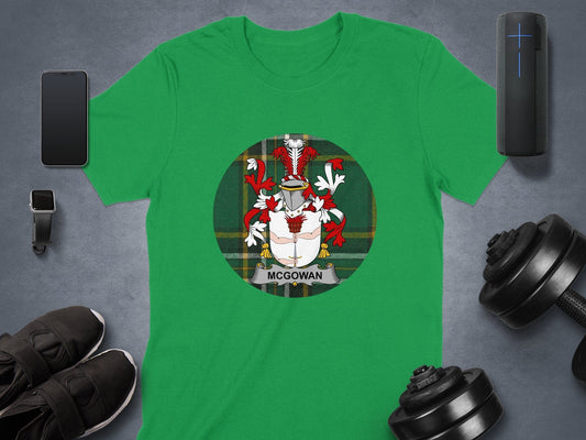 Physical Item McGowan Irish Surname Coat of Arms Tartan Background T-Shirt