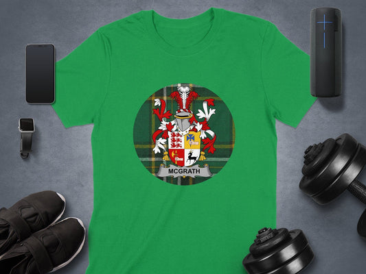 Physical Item McGrath Surname Coat of Arms on Tartan Background T-Shirt