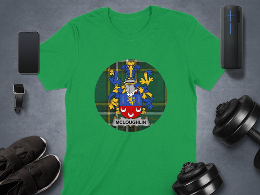 Physical Item McLoughlin Coat of Arms on Irish National Tartan T-Shirt