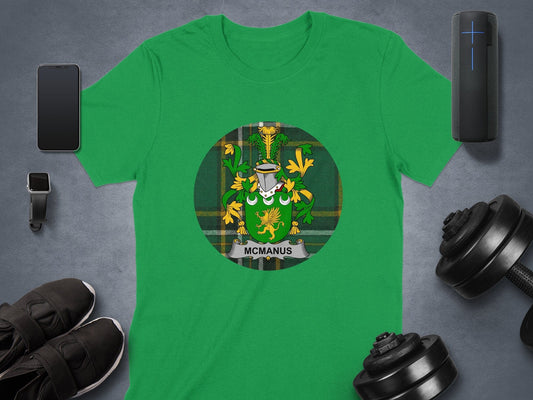 Physical Item McManus Coat of Arms Irish Tartan Background T-Shirt