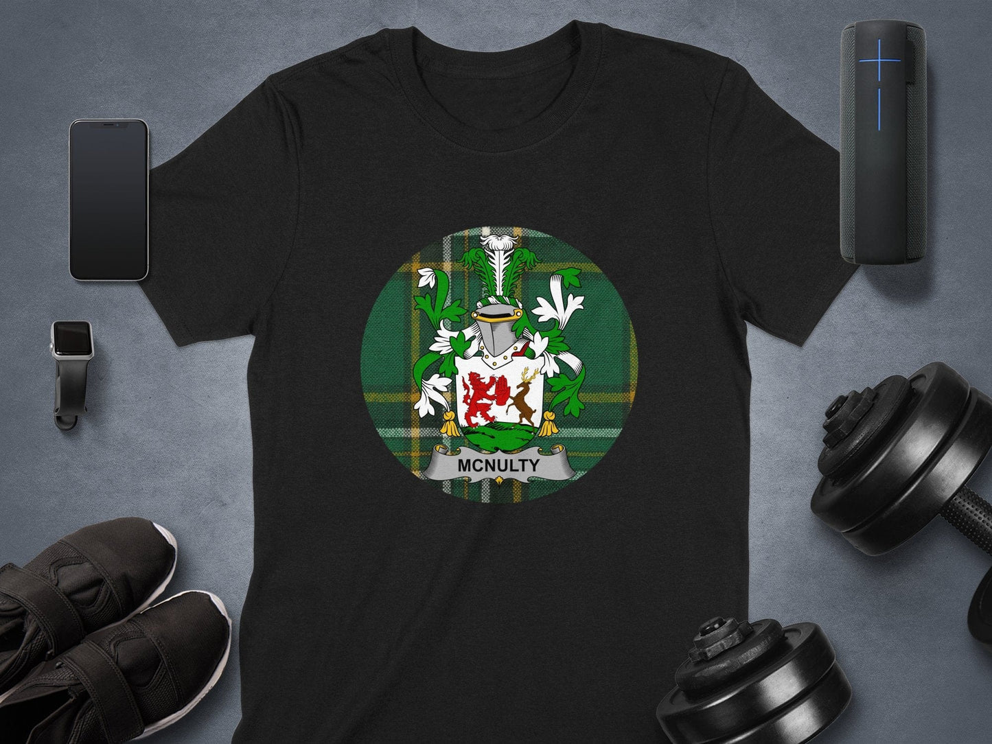 Physical Item McNulty Coat of Arms on Irish National Tartan Background T-Shirt