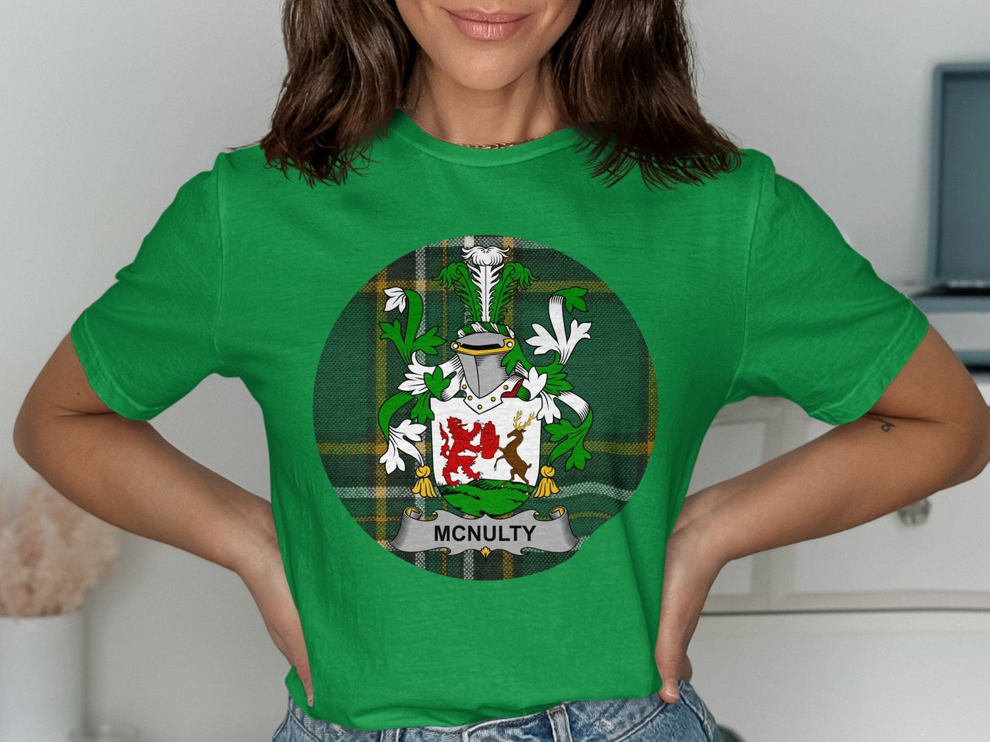 Physical Item McNulty Coat of Arms on Irish National Tartan Background T-Shirt