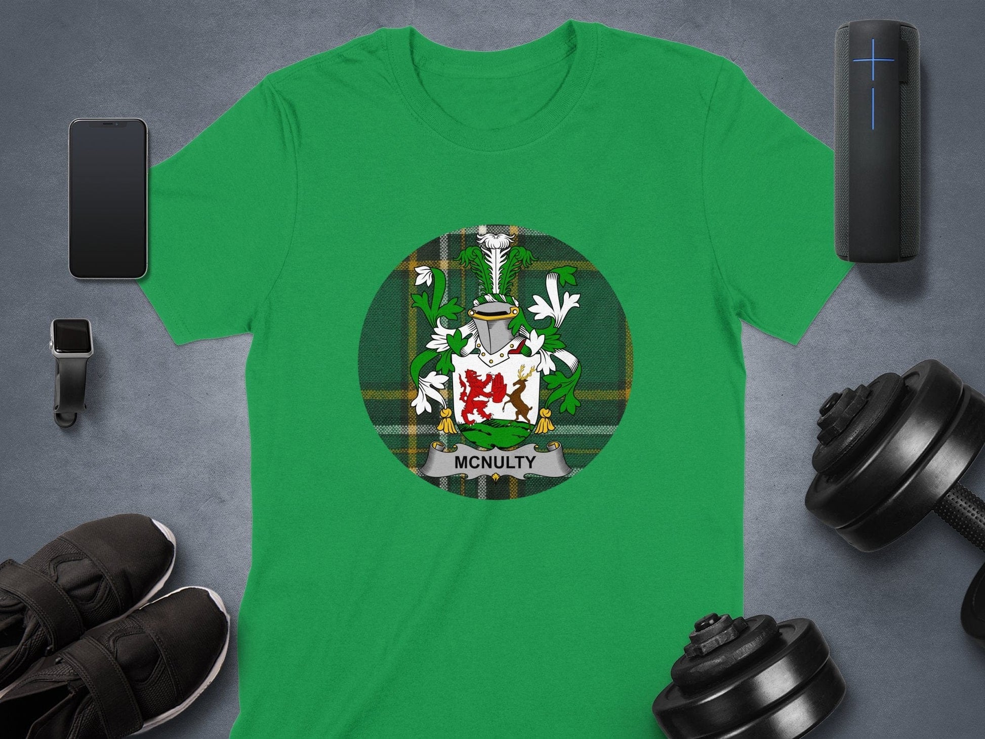 Physical Item McNulty Coat of Arms on Irish National Tartan Background T-Shirt