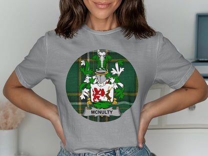 Physical Item McNulty Coat of Arms on Irish National Tartan Background T-Shirt