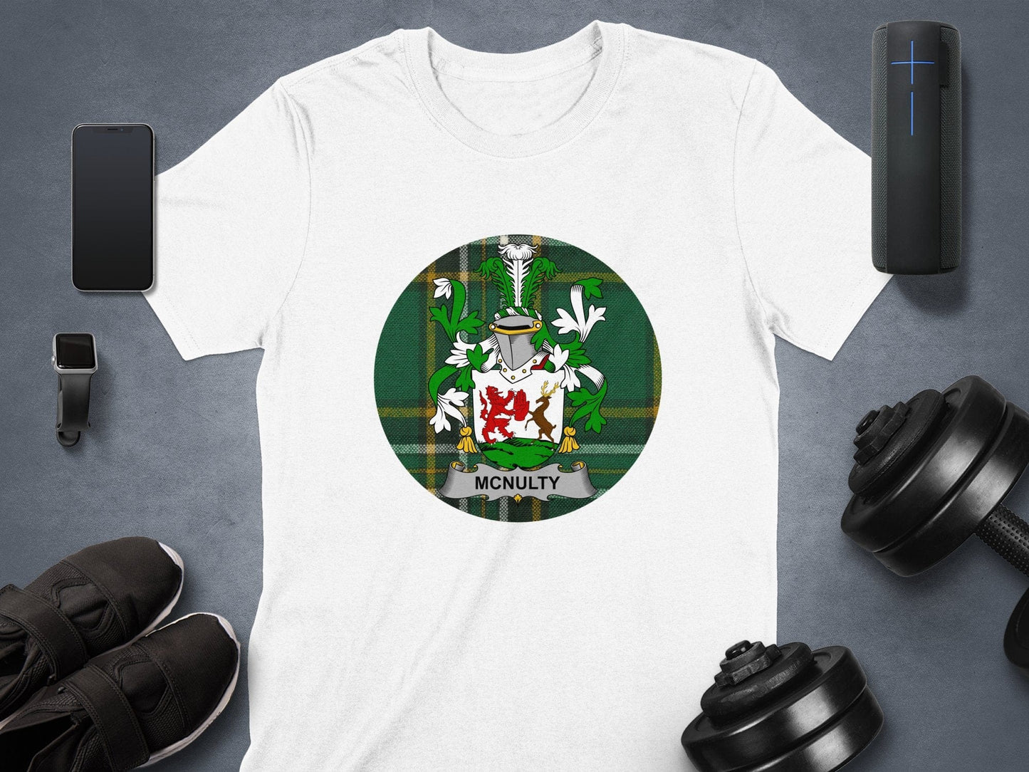 Physical Item McNulty Coat of Arms on Irish National Tartan Background T-Shirt