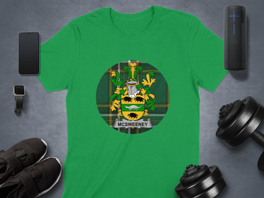 Physical Item McSweeney Coat of Arms with Irish National Tartan T-Shirt