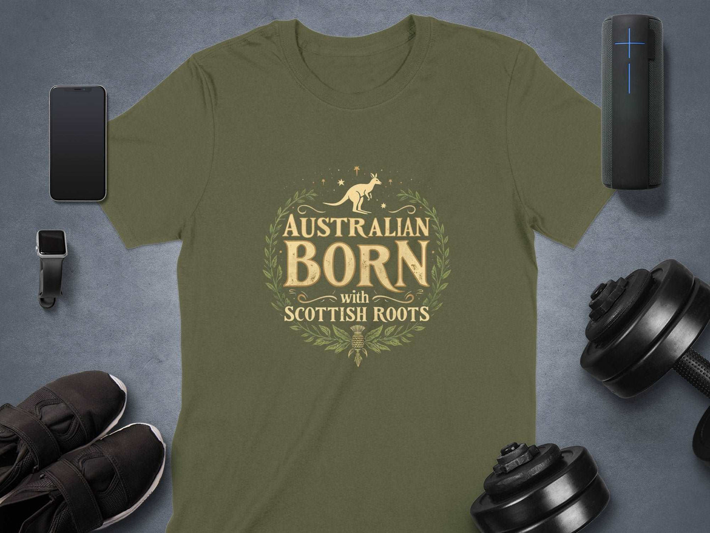 Physical Item Military Green / S Australian Born with Scottish Roots Graphic T-Shirt