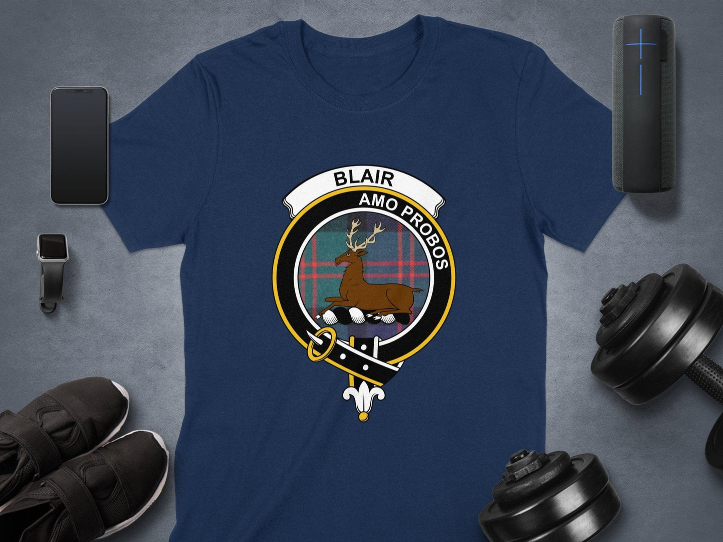 Physical Item Navy / S Blair Clan Crest and Scottish Tartan Family Pride T-Shirt