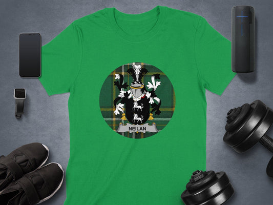 Physical Item Neilan Coat of Arms on Irish Tartan Background T-Shirt