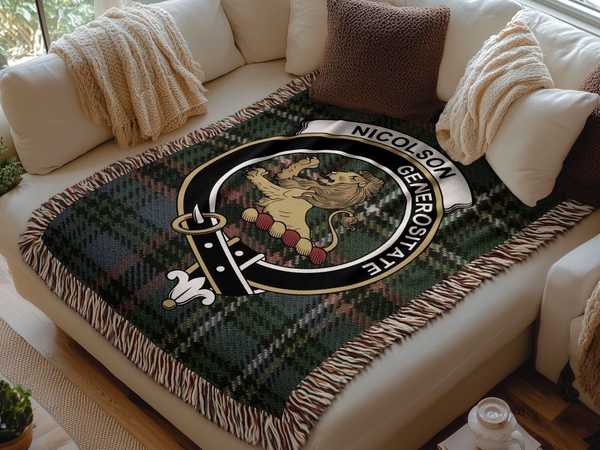 Nicolson Clan Crest Tartan Scottish Woven Blanket - Celtic Ancestry Gifts