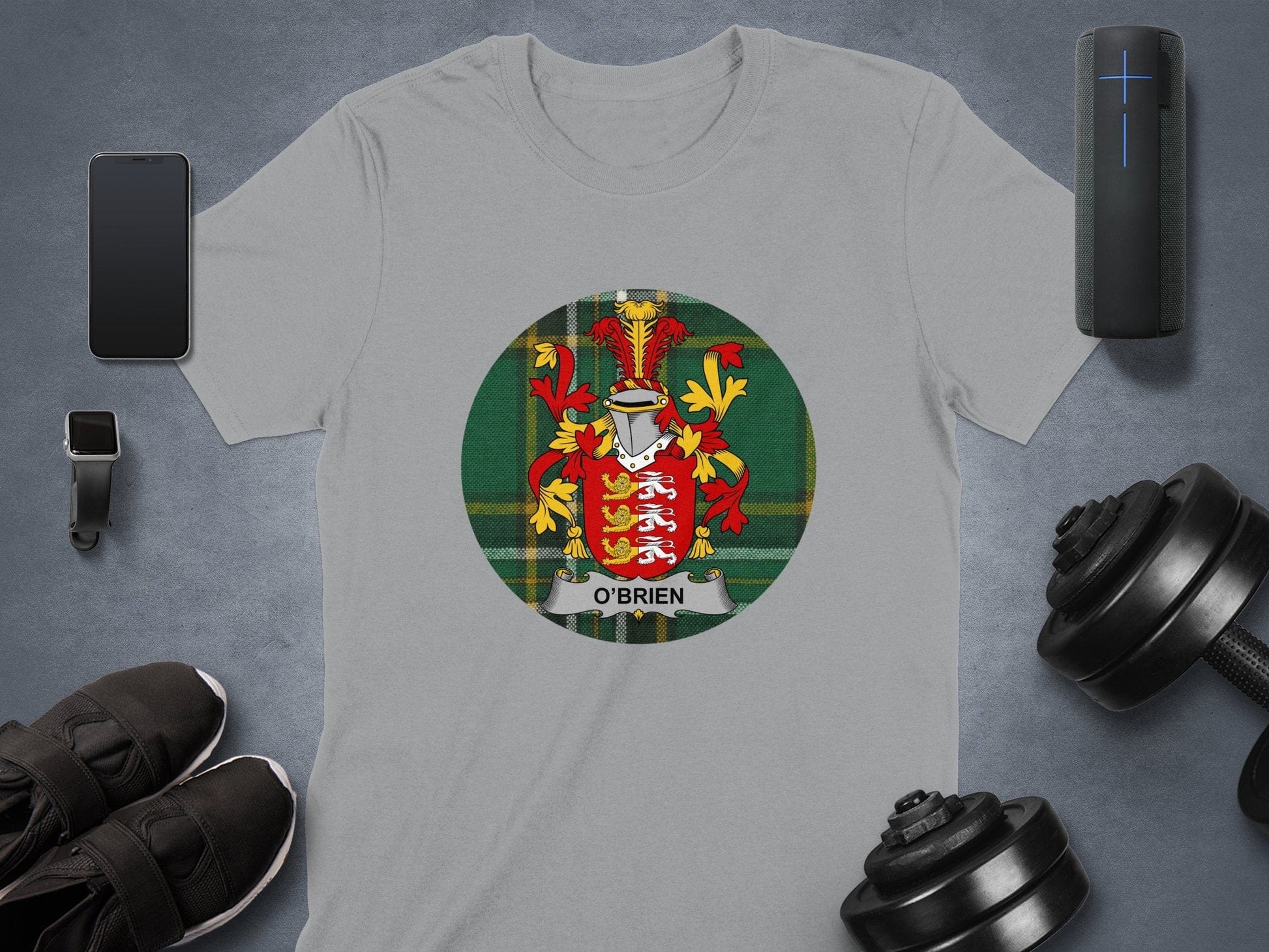 Physical Item O'Brien Coat of Arms on Tartan Background T-Shirt