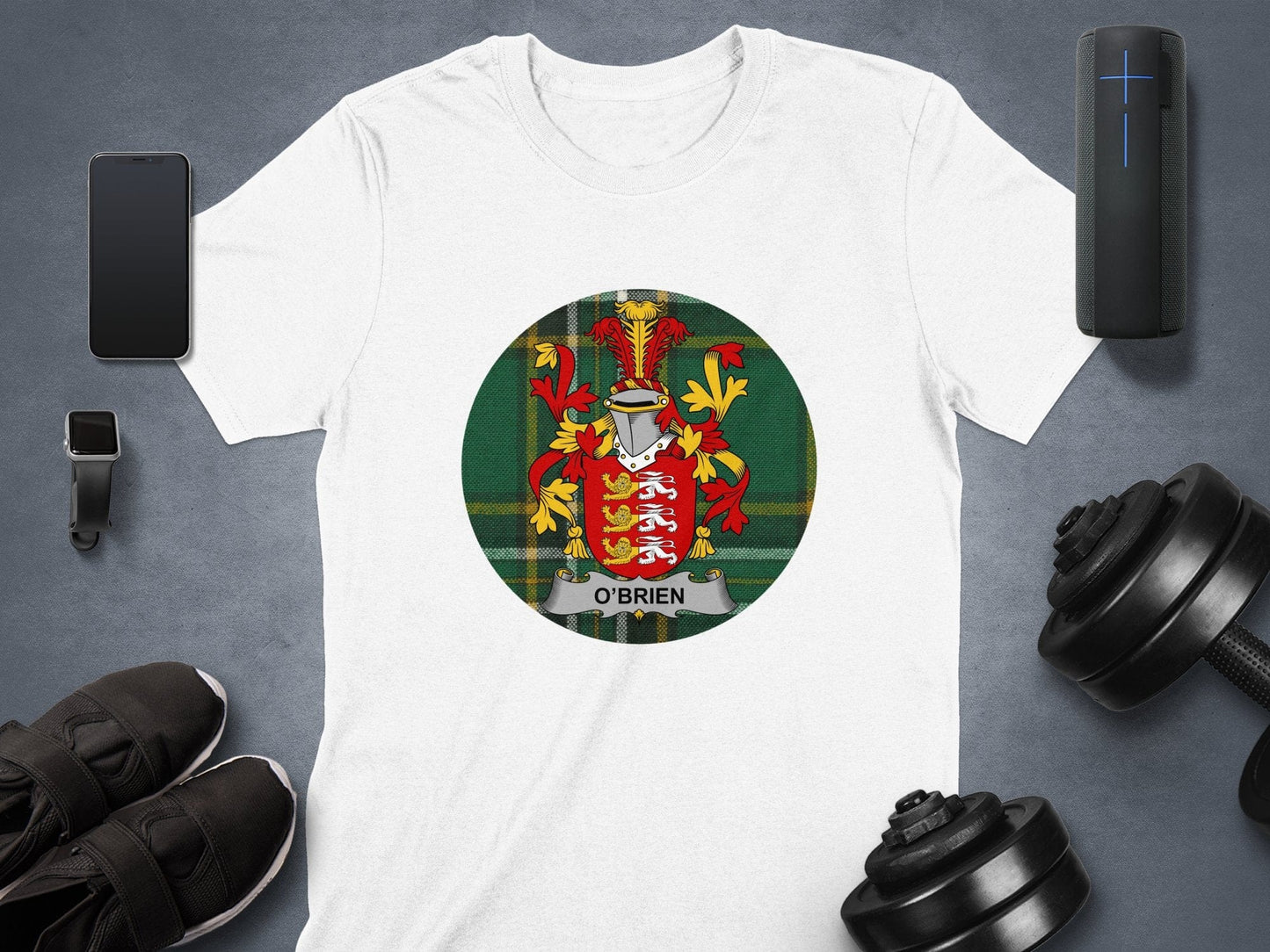 Physical Item O'Brien Coat of Arms on Tartan Background T-Shirt