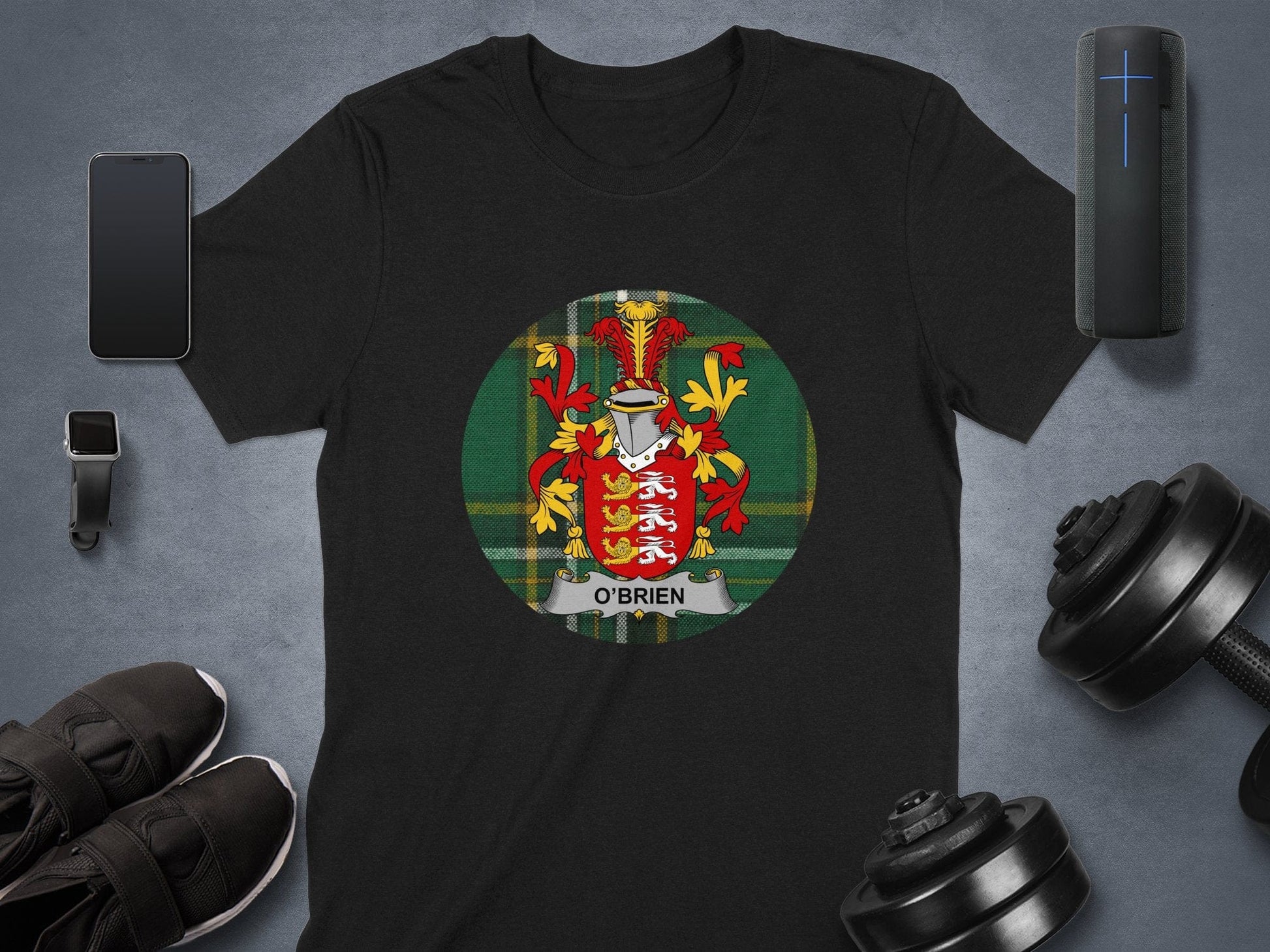 Physical Item O'Brien Coat of Arms on Tartan Background T-Shirt