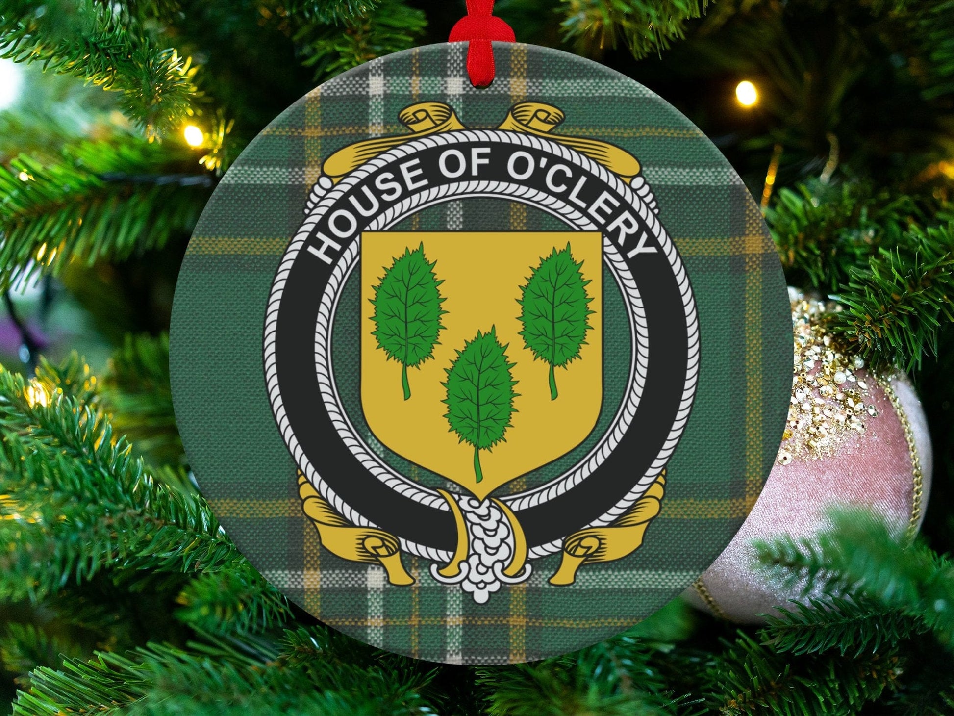 Physical Item O'Clery Family Crest on Irish Tartan Christmas Ornaments