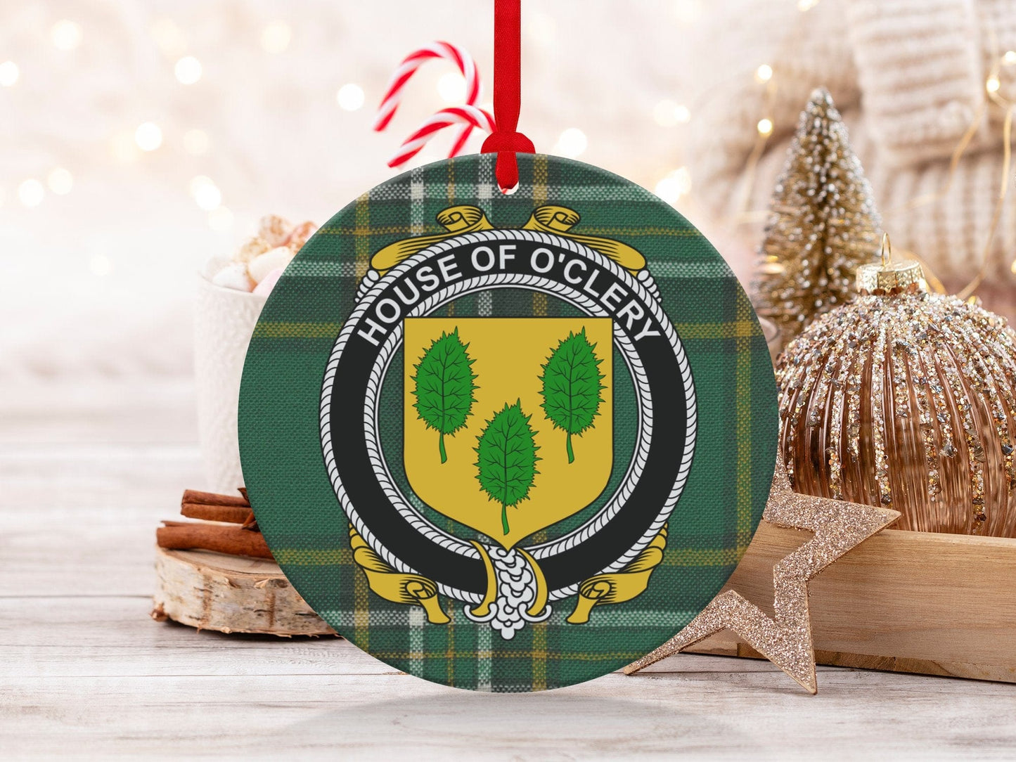 Physical Item O'Clery Family Crest on Irish Tartan Christmas Ornaments