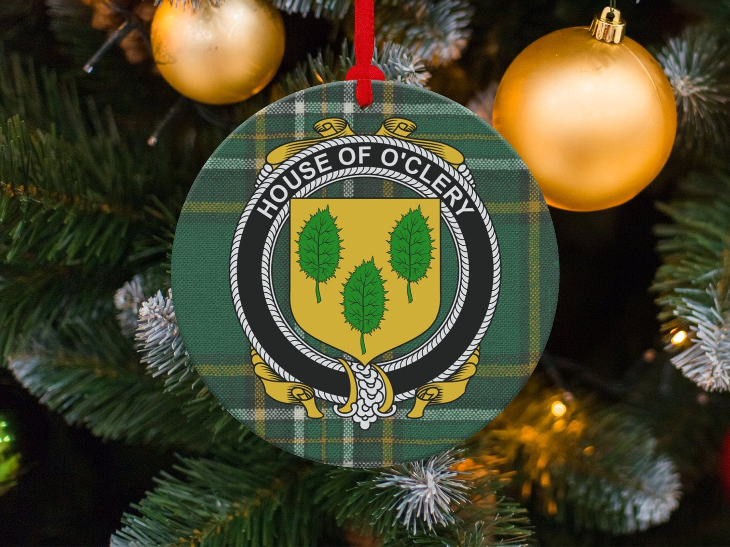 Physical Item O'Clery Family Crest on Irish Tartan Christmas Ornaments