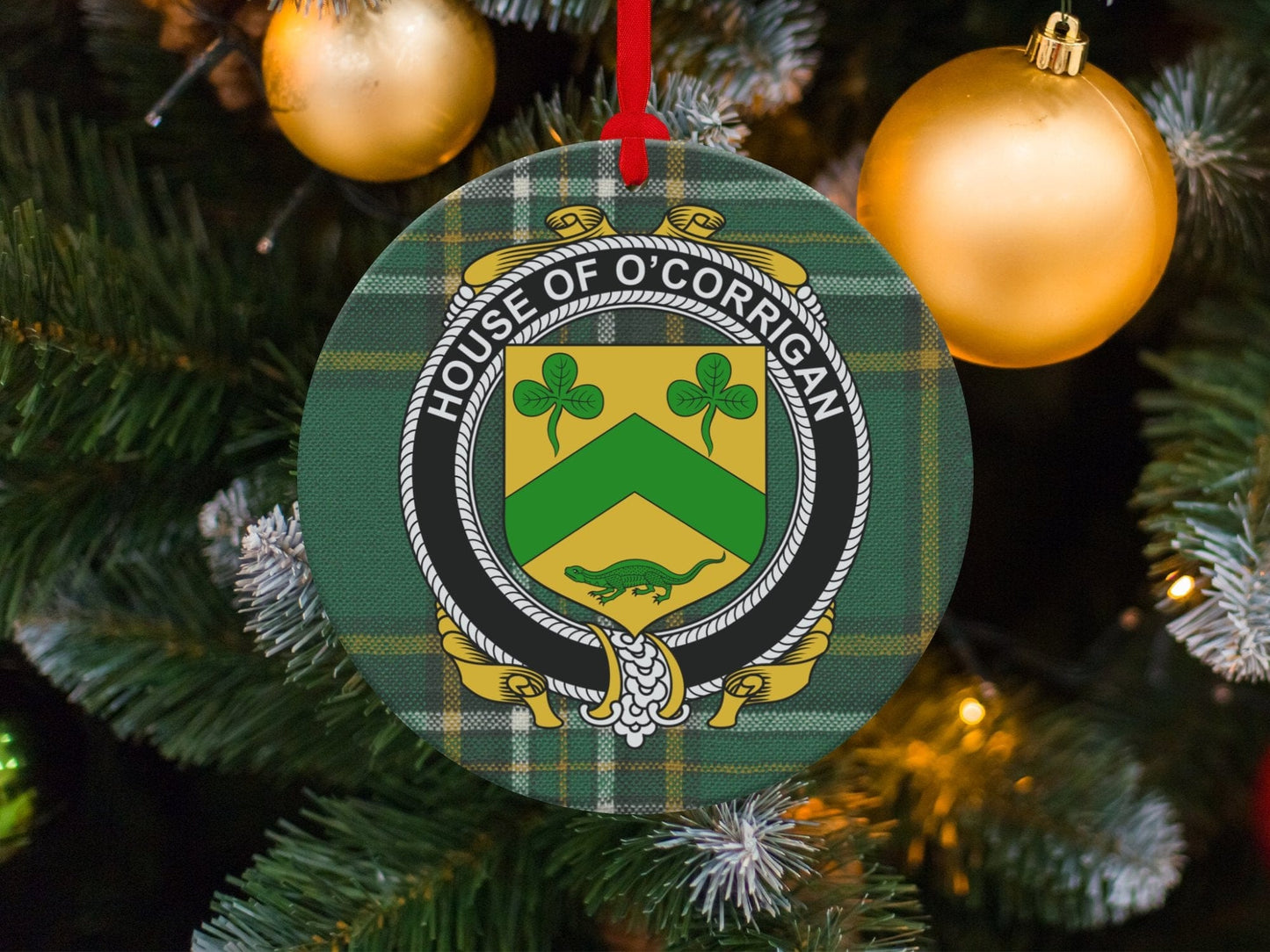 Physical Item O'Corrigan Crest Irish Tartan Christmas Ornaments