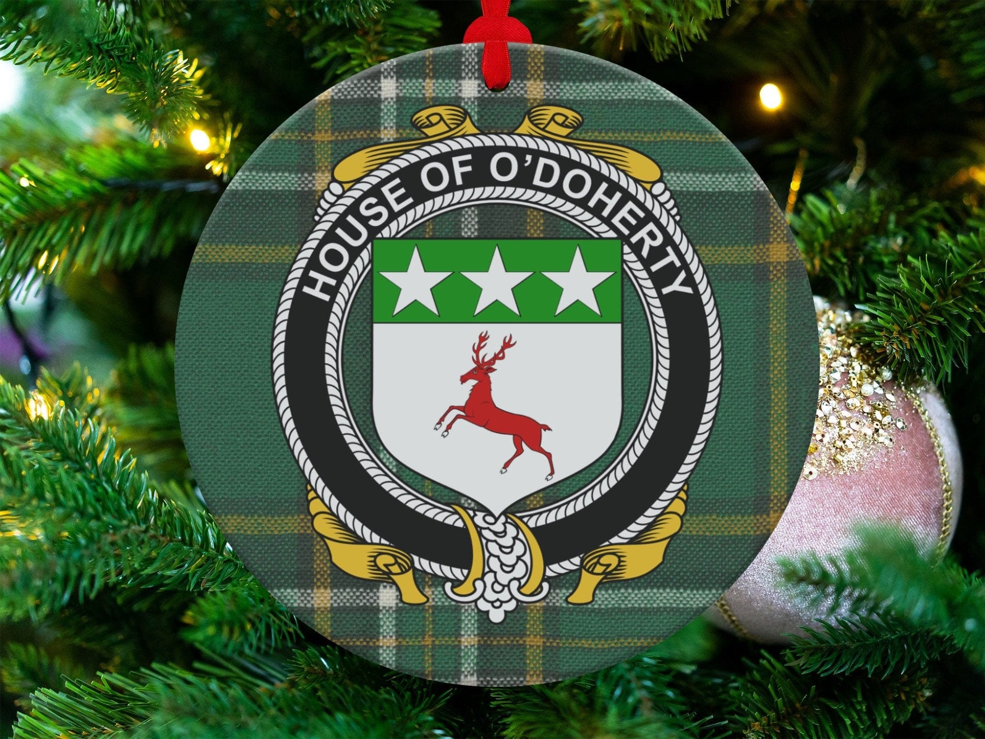 Physical Item O'Doherty Crest Irish Tartan Christmas Decoration Ornaments