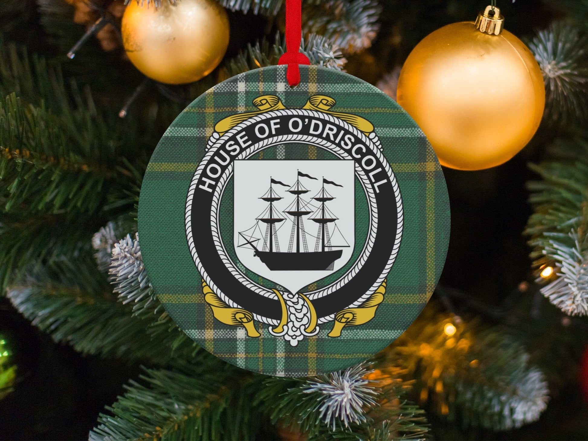 Physical Item O'Driscoll Crest Irish tartan Christmas ornaments