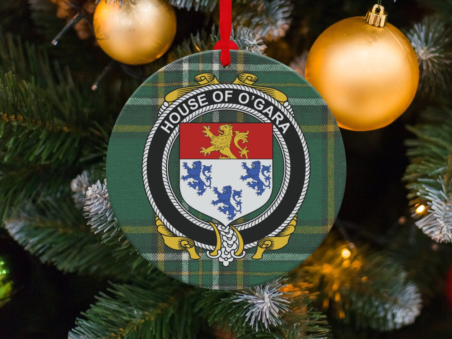 Physical Item O'Gara Crest Irish Tartan Background Christmas Ornaments