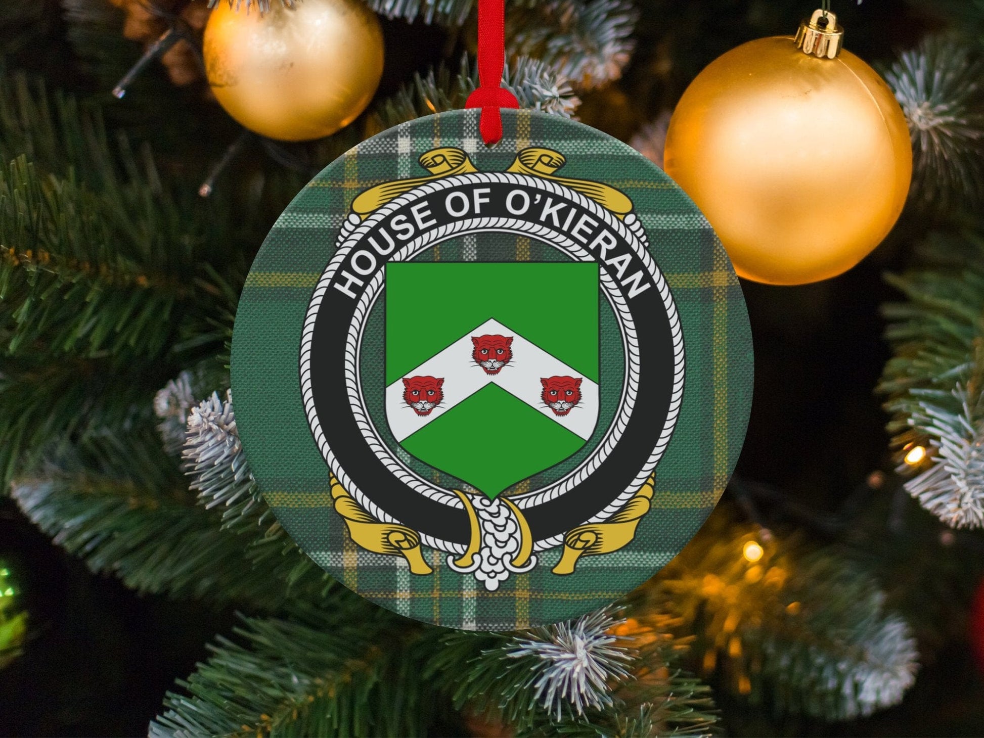 Physical Item O'Kieran Crest Irish surname tartan Christmas ornament decoration Ornaments