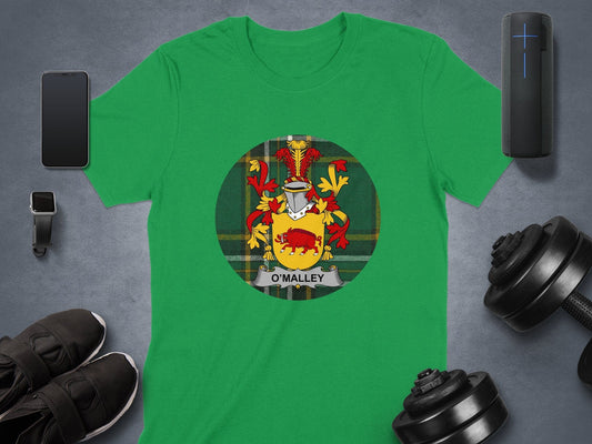 Physical Item O'Malley Coat of Arms on Irish National Tartan T-Shirt