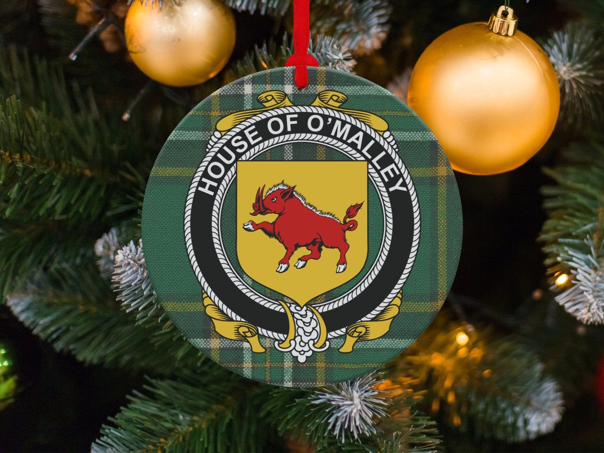 Physical Item O Malley Crest Irish Surname Tartan Christmas Ornaments