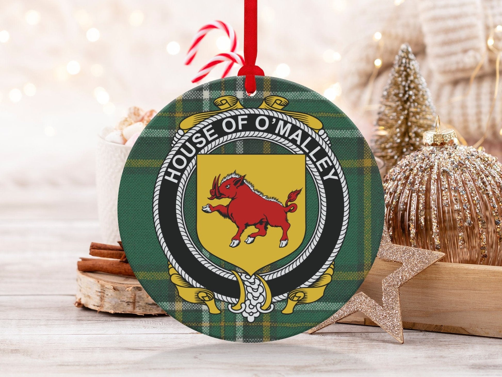 Physical Item O Malley Crest Irish Surname Tartan Christmas Ornaments