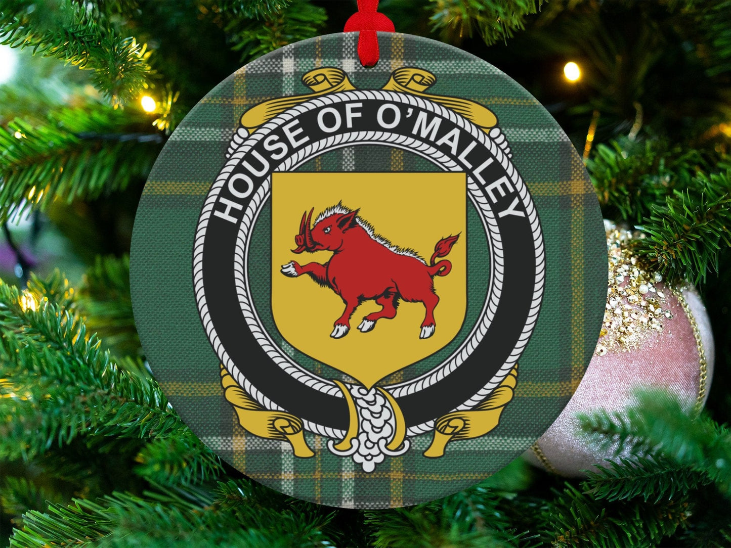 Physical Item O Malley Crest Irish Surname Tartan Christmas Ornaments