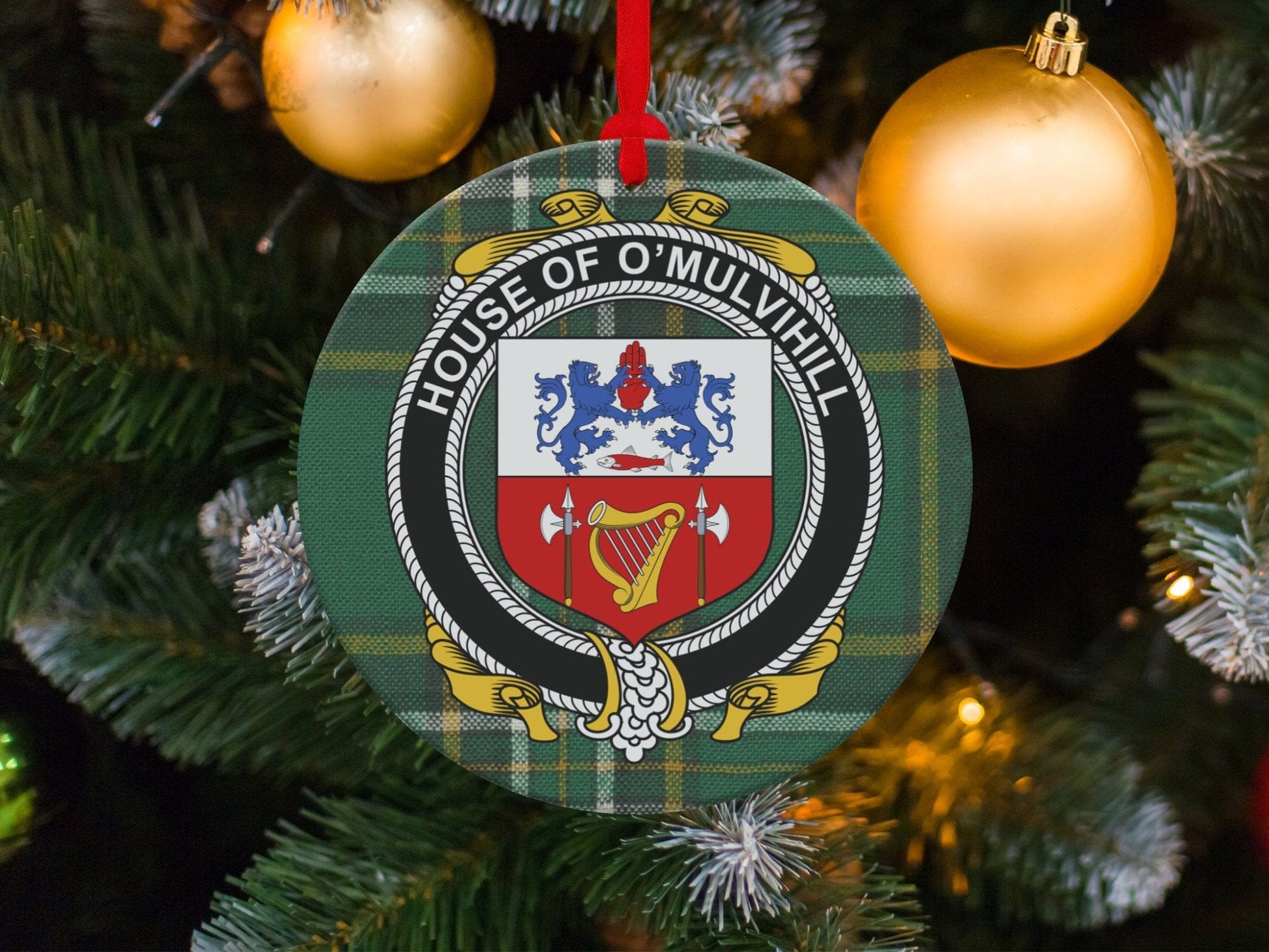 Physical Item O'Mulvihill Crest Irish surname tartan christmas Ornaments