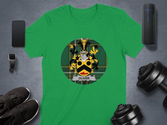 Physical Item Oliver Irish Surname Coat of Arms on Tartan Background T-Shirt