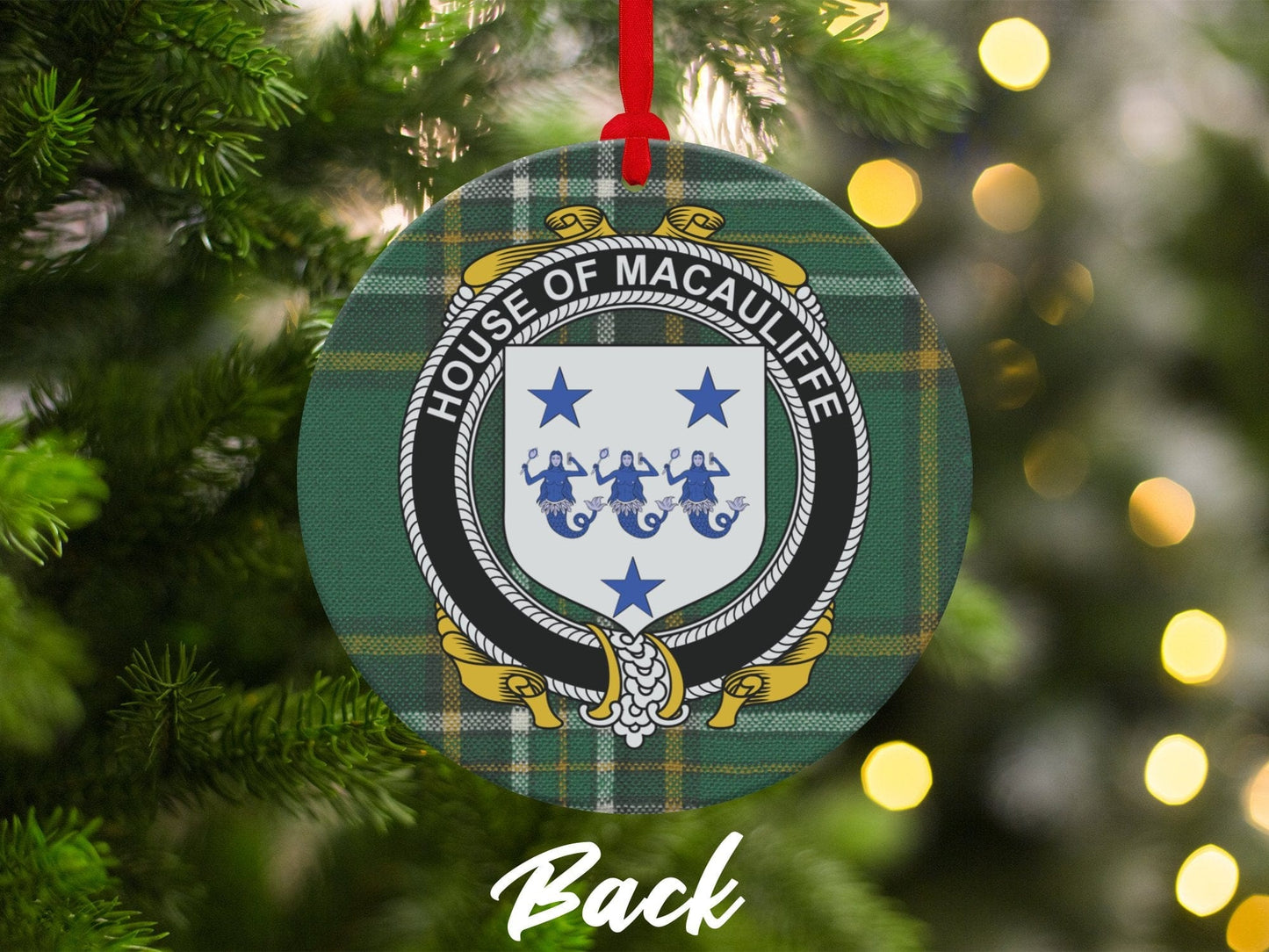 Physical Item Ornaments #1 / two sided print 3.6" MacAuliffe Crest Irish tartan Christmas decoration Ornaments