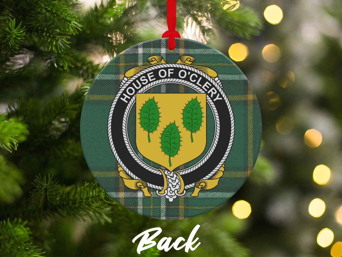 Physical Item Ornaments #1 / two sided print 3.6" O'Clery Family Crest on Irish Tartan Christmas Ornaments