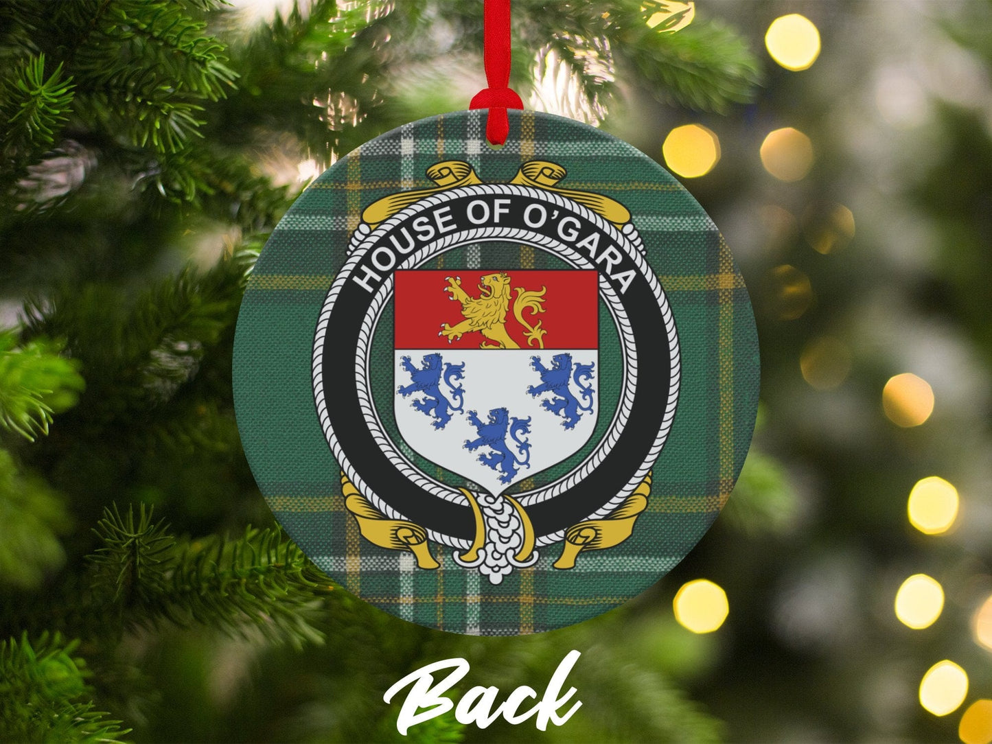 Physical Item Ornaments #1 / two sided print 3.6" O'Gara Crest Irish Tartan Background Christmas Ornaments