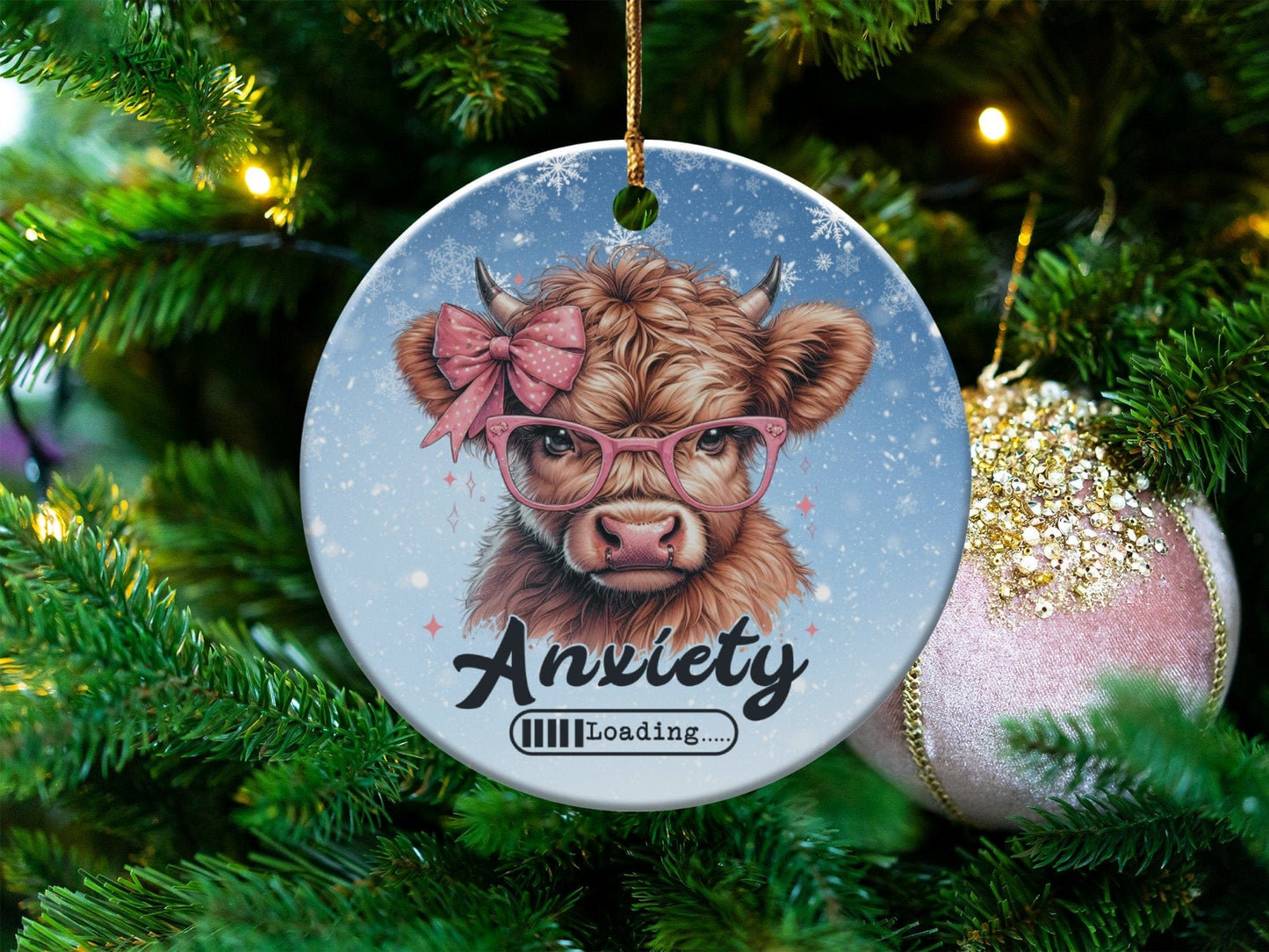 Physical Item Ornaments #2 / Ceramic single sided3" Anxiety Loading Highland Cow Christmas Ornament T-Shirts