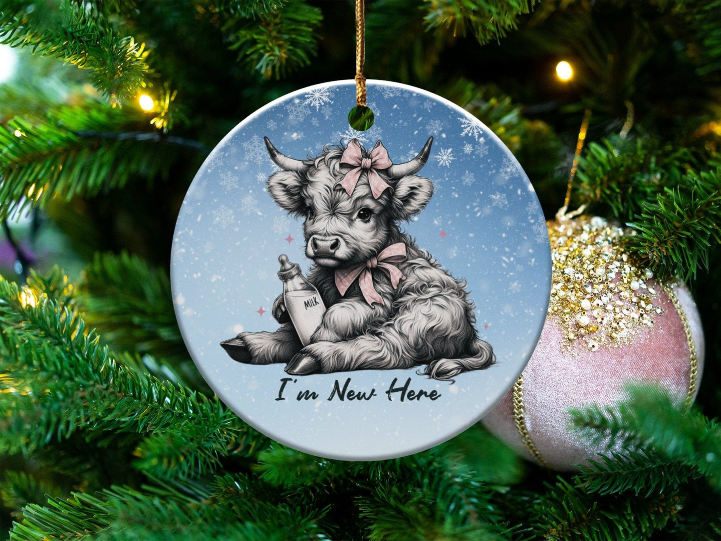 Physical Item Ornaments #2 / Ceramic single sided3" I'm New Here Highland Cow Christmas Ornament T-Shirts