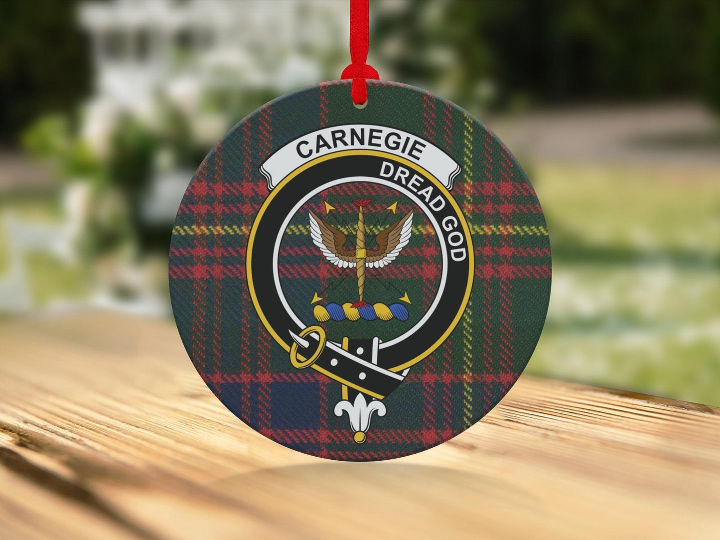 Physical Item Ornaments Ceramic / 3.6" Scottish Carnegie Clan Crest Tartan Christmas Ornaments