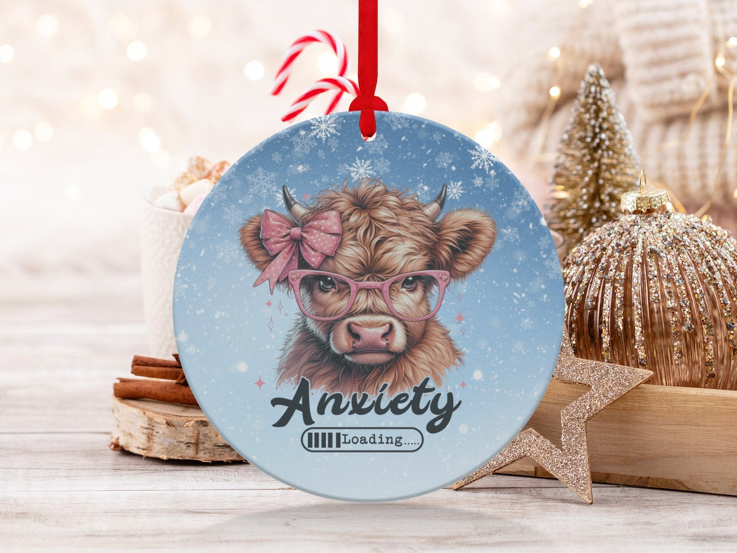 Physical Item Ornaments / Metal one sided 3.6" Anxiety Loading Highland Cow Christmas Ornament T-Shirts