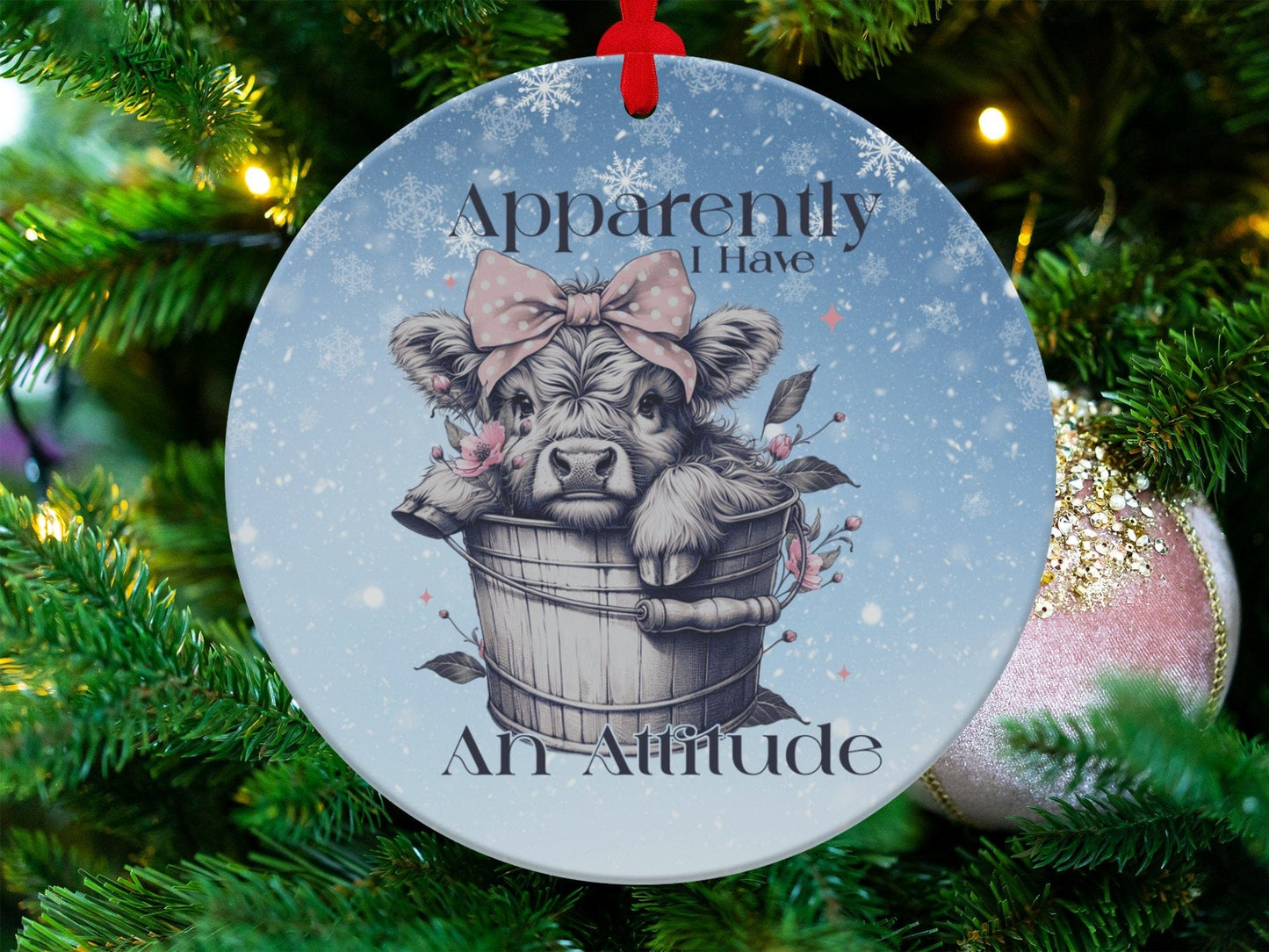 Physical Item Ornaments / Metal one sided 3.6" Apparently I Have An Attitude Highland Cow T-Shirts