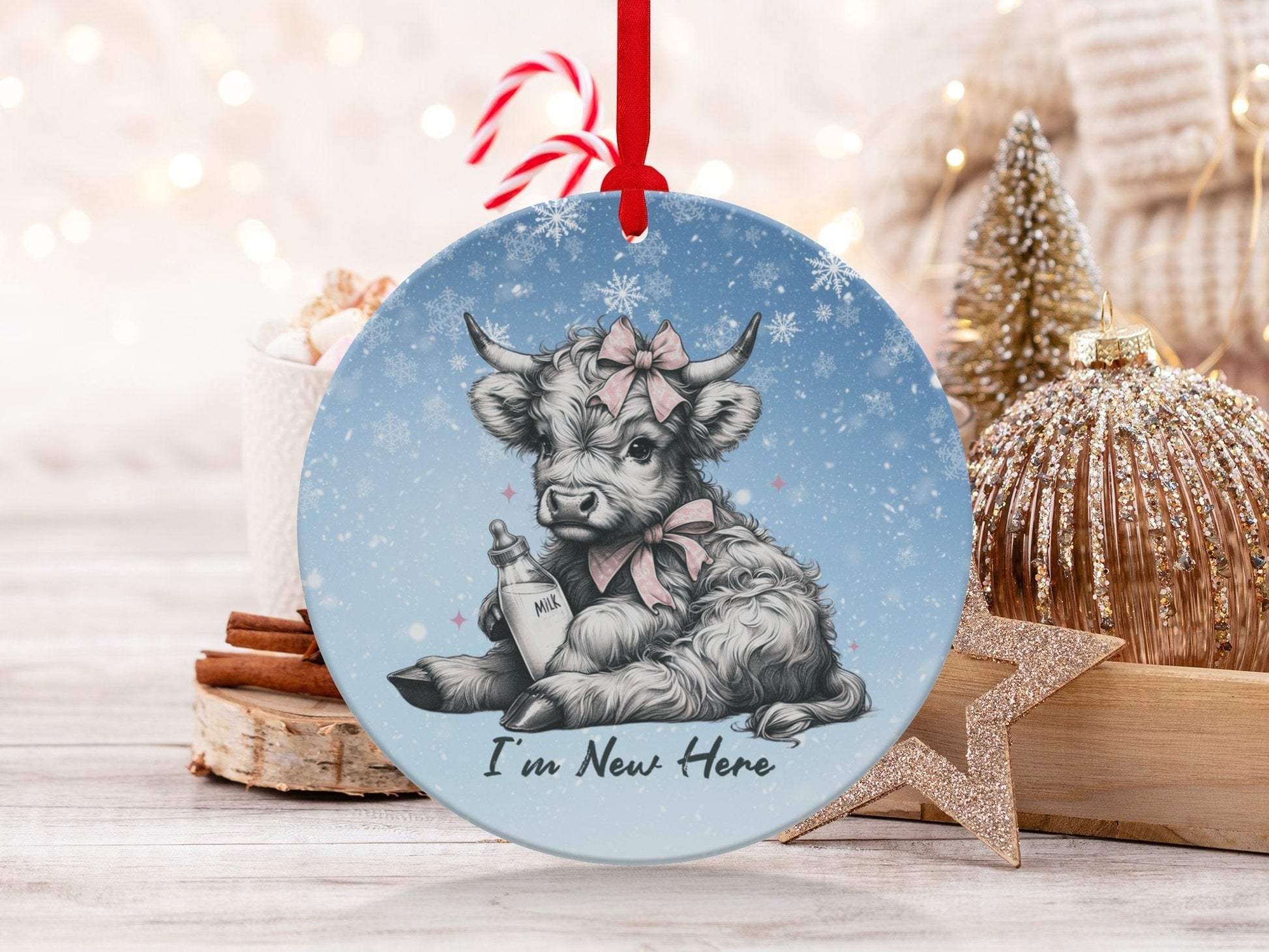 Physical Item Ornaments / Metal one sided 3.6" I'm New Here Highland Cow Christmas Ornament T-Shirts