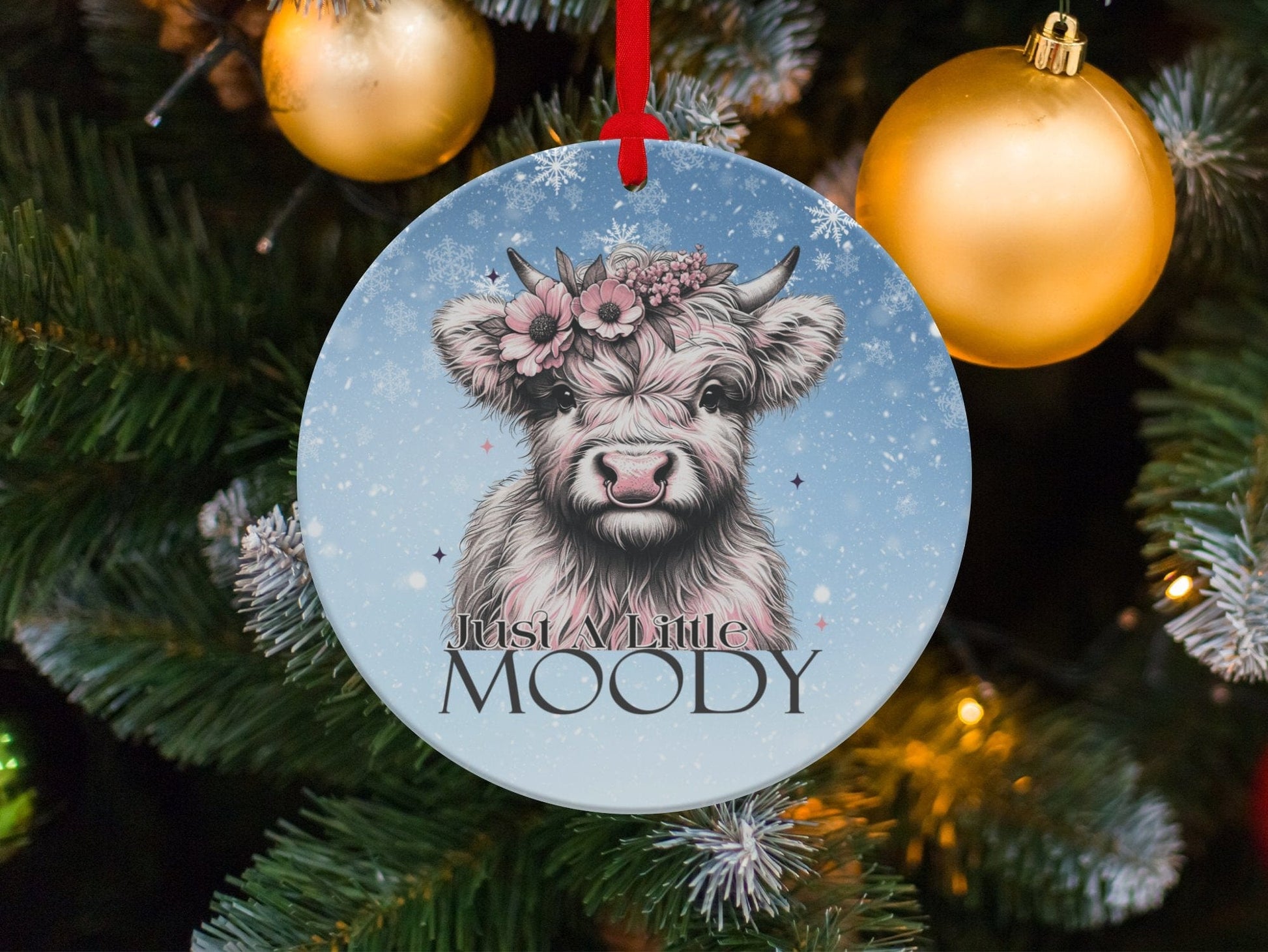 Physical Item Ornaments / Metal one sided 3.6" Just A Little Moody Highland Cow Snowflake T-Shirts