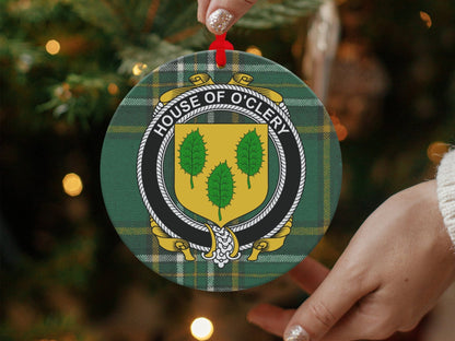 Physical Item Ornaments / one sided print 3.6" O'Clery Family Crest on Irish Tartan Christmas Ornaments