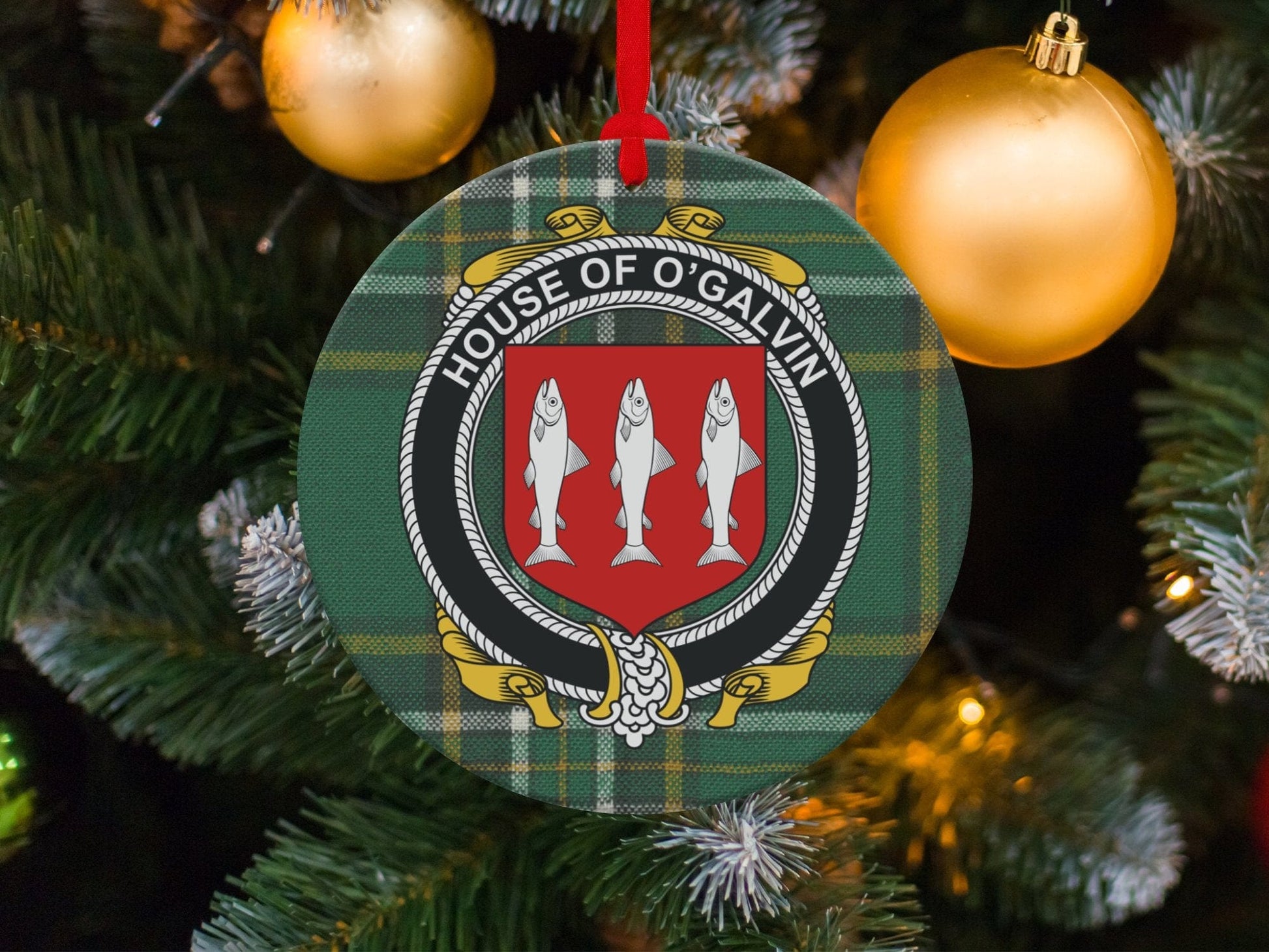 Physical Item Ornaments / one sided print 3.6" O'Galvin Crest Irish tartan Christmas Ornament Decoration